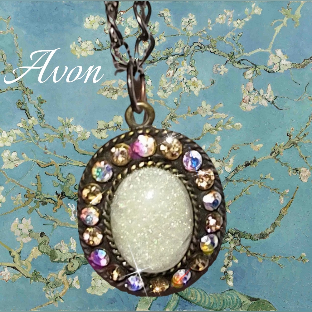 Avon Oval Opal Pendant Antique Brass Metal AB Stones